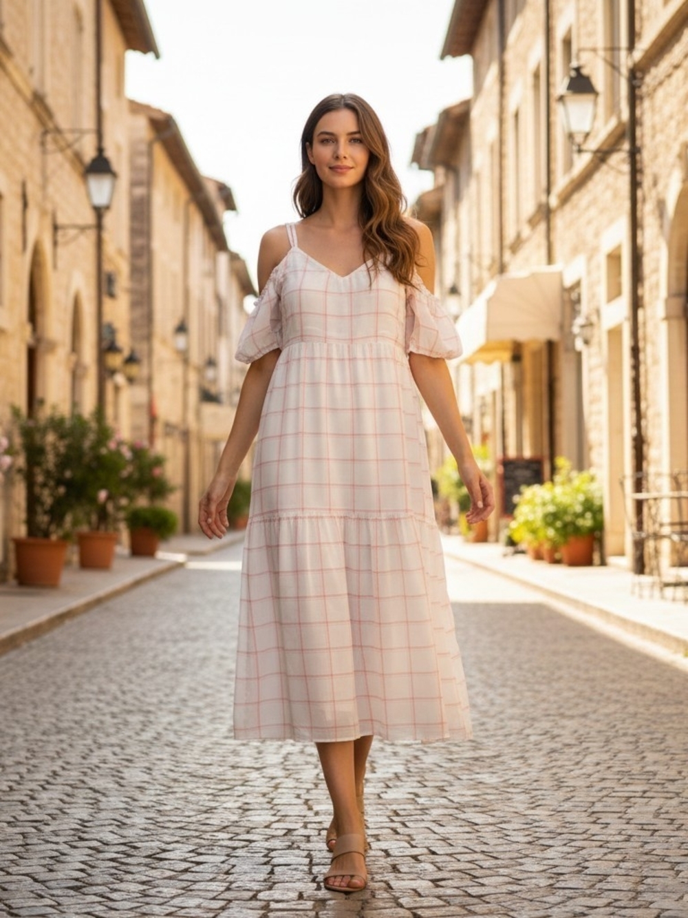 Universal Thread Pink Windowpane Cold Shoulder Midi Dress 2X